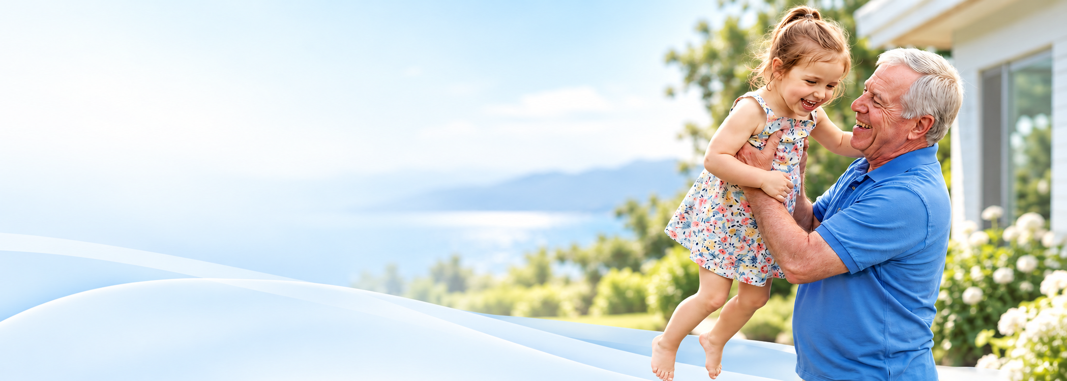 Illustrative family scene of a grandfather holding his smiling granddaughter